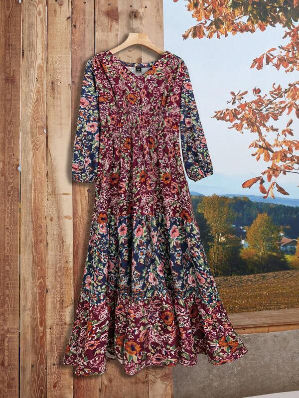 EMERY ROSE Plus Size Floral Print Casual Vacation Dress,Fall Women Clothes