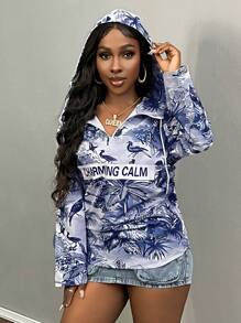 Slaydiva Women's Letter & Floral Print Long Sleeve Drawstring Hooded Casual Loose Sweatshirt