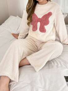 Contrast Color Bow Embroidered Trim Plush Homewear Set - Beige - View 6