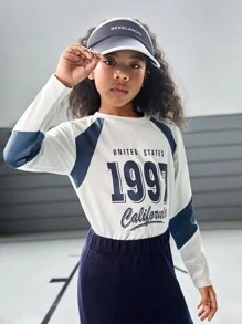 SHEIN Tween Girls Loose Fit Elastic Breathable Moisture Wicking Sports Long Sleeve Sweatshirt Tops - Multicolor - View 3