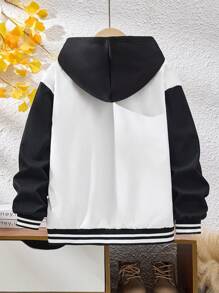 Tween Boy Contrast Color Pocket Letter Print Fleece Baseball Jacket, Suitable For Autumn, Spring And Winter, Suitable For Outdoor Play, Street Shooting, Party And Leisure, Good Cost Performance - Black and White - View 2