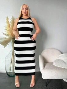 SHEIN SXY Plus Size Black And White Contrast Color Bodycon Sweater Dress - Black and White - View 7