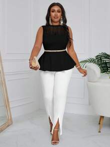 SHEIN Lady Plus Size White Lace Contrast Sleeveless Ruffle Hem Slim Elegant Blouse For Ladies - Black - View 5