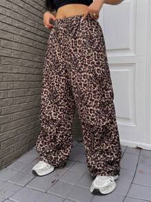 Flirla Plus Size Women Leopard Print Vintage American Style Casual Cargo Pants - Multicolor - View 3