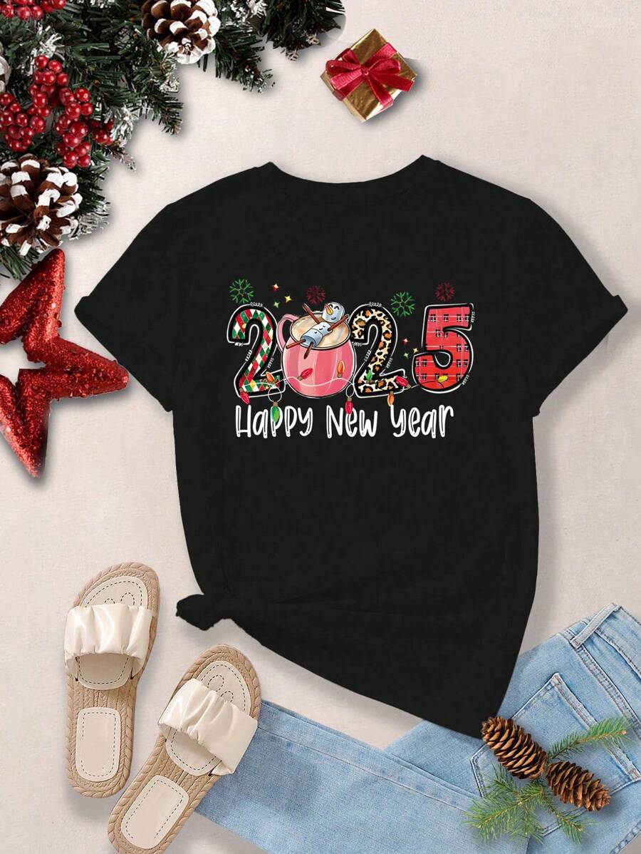 Flirla 大码圆领圣诞数字和字母图案短袖 T 恤图案 T 恤女式上衣 - 黑色 - 查看 1