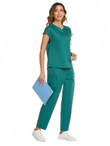 Áo thun tay ngắn cổ khoét màu trơn có quần có túi Bộ đồng phục y tá mùa hè - màu xanh lá - Xem 4