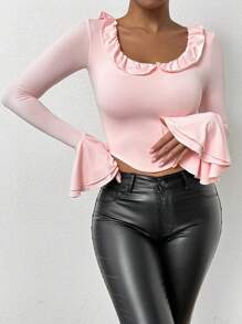 Chiquease Elegant Ruffle Trim Round Neck T-Shirt Fall Cloth For Women - Baby Pink - View 3