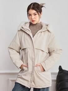 Girl & Teen Girls Casual Cinched Waist Mid-Length A-Line Padded Coat With Fur Collar For Daily Wear, Suitable For Winter