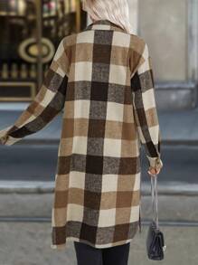 Chiquease Women's Thicken Warm Plaid Shirt Collar Patch Pocket Long Overcoat