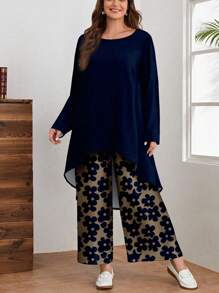 EMERY ROSE 大码女式优雅休闲花卉印花宽松长袖上衣和裤子两件套，秋冬