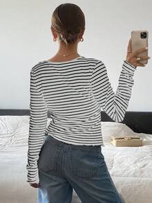 DAZY Áo thun sọc dài tay cài nút phía trước, mặc thường ngày - trắng - Xem 2