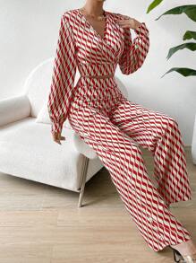 Chiquease 2 件女士通勤装 - 波浪条纹灯笼袖衬衫和裤子，春夏 - 紅色 - 查看 3