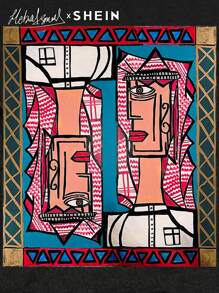 Seusyu 女士抽象人脸印花抽绳连帽宽松休闲卫衣，秋冬季，休闲舒适套头衫 - 黑色 - 查看 5