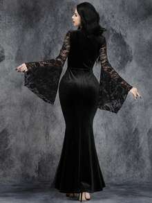 Women Gothic Metal Waist Halloween Sleeve Lace Lace Patchwork Fishtail Dress - Black - View 2