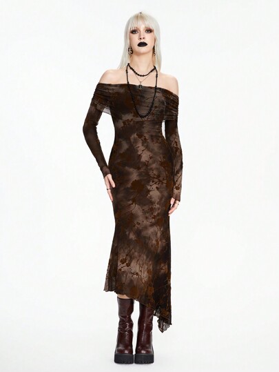 Fairycore Vintage Hippie Tie Dye Velour Mildrex Color Off Shoulder Fitted Maillard Dress For Women