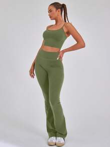 Musera Sport High Waisted Sculpt Flare Sports Leggings Only, Padel, Tennis, Pickleball Gym Fitness Fall Winter - Army Green - View 3