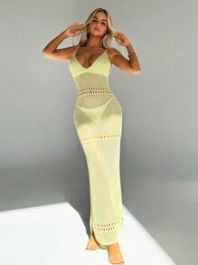 Aloruh Women's Vacation Beach Cover Up Dress, Summer Knitting Geometric Spaghetti Strap Deep V High Slit Hollow Out Super Long Green Dress - Green - View 4