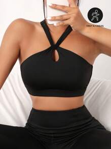 Easithlete Sujetador deportivo con tira cruzada con abertura trasera - Negro - Ver 1