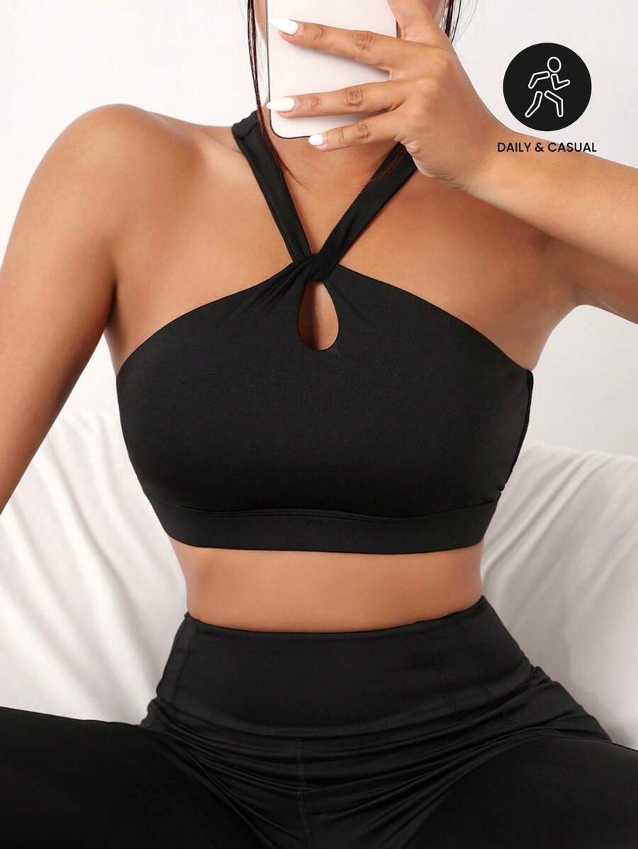 Easithlete Sujetador deportivo con tira cruzada con abertura trasera - Negro - Ver 1