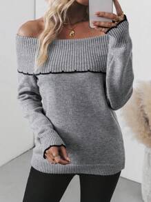 SHEIN LUNE Women's Black Off Shoulder Trim Knit Pullover Knit Pullover Fall Winter Outfit