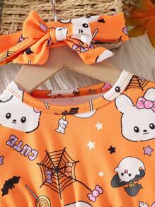 女婴 2 件套秋季万圣节圆领长袖可爱鬼魂、蜘蛛网、蝙蝠、蜡烛、星星、糖果印花荷叶边撞色网眼装饰领结连衣裙带头带，舒适甜美，秋冬新款 - 橘色 - 查看 7