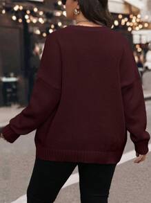 Plus Size Women's Solid Round Neck Dropped Shoulder Long Sleeve Casual Sweater, Fall/Winter Knit Pullover - Burgundy - View 2