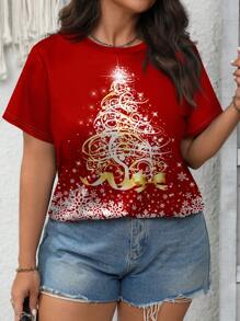 SHEIN LUNE Christmas Snowflake & Golden Christmas Tree Graphic Casual Minimalist Plus Size Crew Neck Short Sleeve Red T-Shirt Pullover, Suitable For Summer - White - View 4