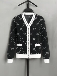 Boys' Simple Vintage-Style Contrast Trim Letter Pattern Cardigan Sweater,Black And White,Autumn,Casual,School,Back-To-School,Elegant Versatile Design - Black - View 1