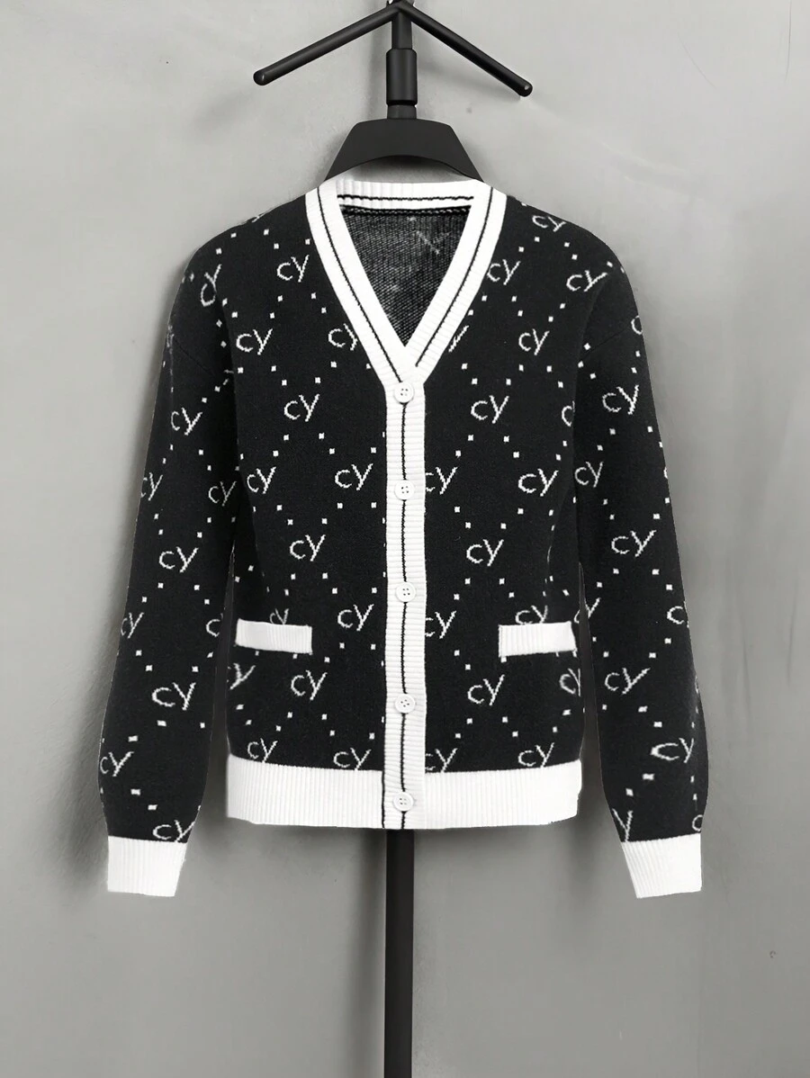 Boys' Simple Vintage-Style Contrast Trim Letter Pattern Cardigan Sweater,Black And White,Autumn,Casual,School,Back-To-School,Elegant Versatile Design - Black - View 1