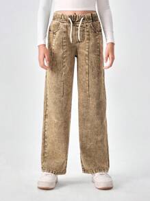 SHEIN Explorewe Tween Girls Y2K 时尚复古水洗效果 Mellard 彩色街头百搭休闲牛仔裤，适合所有季节 - 綠色 - 查看 7