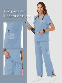 TaskEZ Women's Letter Print V-Neck Short Sleeve Pocket Top And Drawstring Waist Pants Casual Uniform Scrub Set