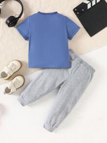 SHEIN Playful Pals Bộ quần áo thun và quần dài phối màu thường ngày cho bé trai - Màu xanh bụi bặm - Xem 2