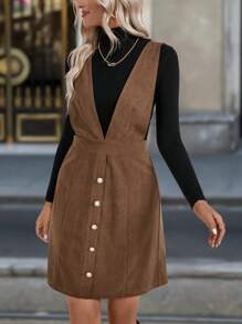 SHEIN Clasi 女式 V 领无袖前扣简约短款休闲连衣裙 - 咖啡棕 - 查看 4