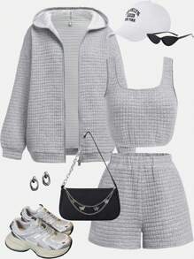 SHEIN 少女秋季休闲 3 件套：混色灰色纹理针织连帽运动衫、背心和短裤 - 灰色 - 查看 3
