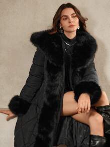 Anewsta Long Thick Fluffy Collar Hooded Two-Way Zip Up  Coat - Black - View 1