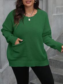 EMERY ROSE Áo len chui đầu dáng rộng cổ tròn tay dài thả vai màu trơn cỡ lớn cho nữ, mùa thu/đông - màu xanh lá - Xem 6