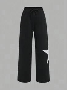SHEIN Tween Girl  Casual Knit Crew Neck Short Sleeve Top And Straight Leg Pants Set - Black and White - View 3