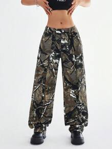 SHEIN EZwear Pantalones vaqueros casuales anchos de pierna ancha con bolsillos utilitarios de estampado total para mujeres