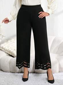 EMERY ROSE 大码女式高腰优雅直筒黑色提花裤，秋季女装 - 黑色 - 查看 3