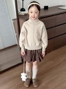 Dazy Kids Suéter de cuello alto sólido para niñas jóvenes, otoño - Albaricoque - Ver 3