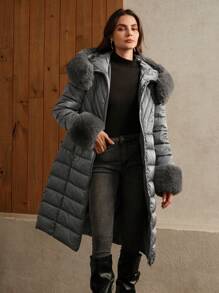 Áo khoác dài thời trang nữ có đệm lông cổ và tay, mùa thu đông - Màu Xám nhạt - Xem 3