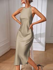 EMERY ROSE Women's Solid Color Sleeveless Long Elegant Dress, Summer Maxi Women Outfit - Brown - View 7