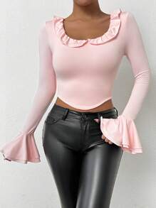 Chiquease Elegant Ruffle Trim Round Neck T-Shirt Fall Cloth For Women - Baby Pink - View 4