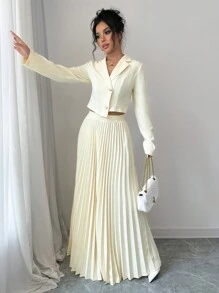 Selianne 女士纯色缺口领长袖西装外套和褶皱中裙优雅工作服套装，春/秋 - 黃色 - 查看 3
