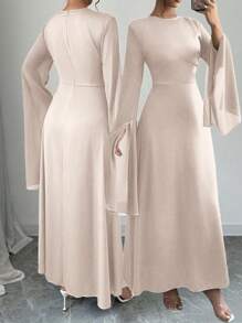 SHEIN Clasi Đầm Maxi Dài Tay Loe Eo Thanh Lịch Quyến Rũ Gợi Cảm Cho Nữ Trang Phục Nữ Màu Trơn - Màu be - Xem 8