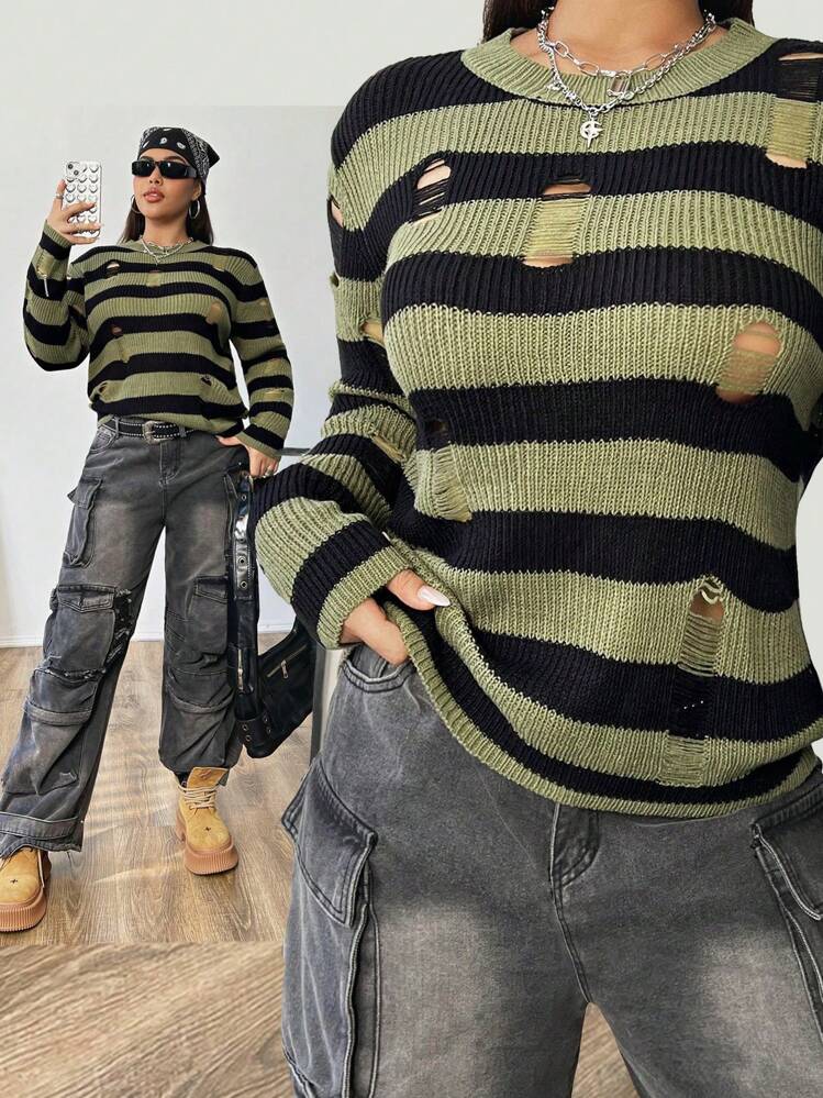 Flirla Plus Size Women's Autumn/Winter Striped Crew Neck Long Sleeve Pullover Sweater With Ripped Details Knit Pullover Fall - Green - View 1