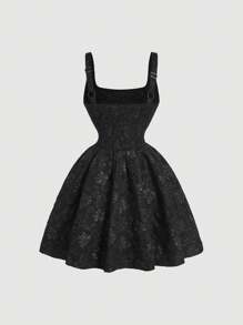 SHEIN MOD 复古宫廷风提花女装夏季女士连衣裙新娘女仆装返校服新娘送礼会礼服 - 黑色 - 查看 2