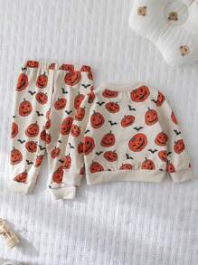 Cozy Pixies 2 pezzi Set di felpa con cappuccio e pantaloni in maglia morbida con stampa di pipistrelli e zucche di Ognissanti per bambini maschi