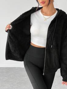SHEIN PETITE معطف هودي تيدي بسحاب وخصر منسدل - الأسود - مشاهدة 10