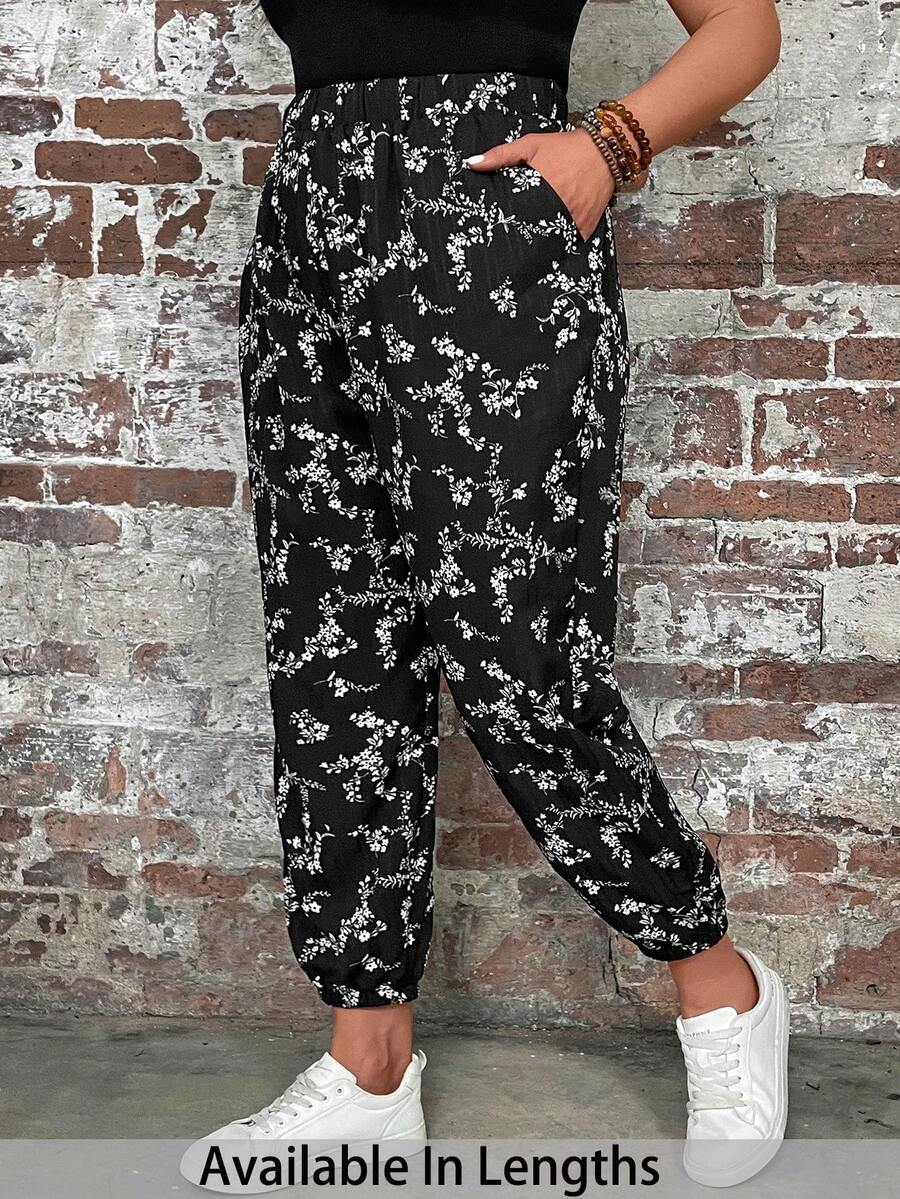 SHEIN PETITE CURVE 大码女式碎花口袋休闲抽绳裤 - 黑與白 - 查看 1